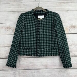 BOSS Johella Tweed Jacket Womens 6 Green Black Plaid Fringed Cropped Blazer